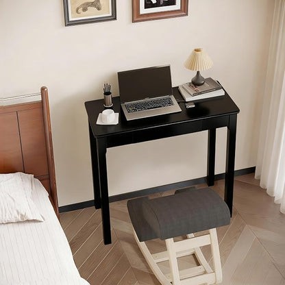 Solid Wood Desk with Drawers - 32 x 16 Inch Simple Narrow Desks, Rubber Wood Study Table, Small Writing Desk for Bedroom|Small Spaces - Modern Black Desks