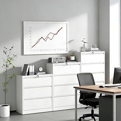 4 Drawer Lateral File Cabinet with Lock, Metal Lateral Filing Cabinet for Home Office, Steel Wide Horizontal Filing Cabinets for Letter/Legal/A4/F4 Hanging Files (White)