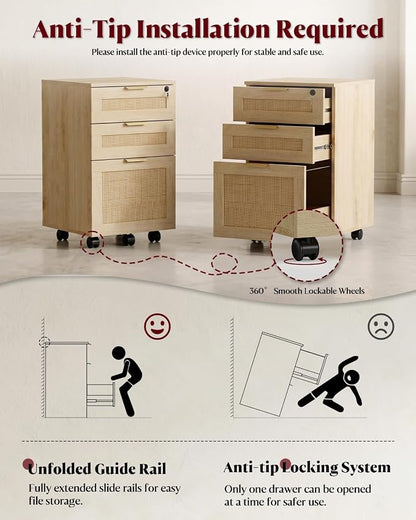 HOPUBUY 3 Drawer File Cabinet with Lock, Small Rattan Filing Cabinets with Wheels, Wood Rolling Office Storage for Under Desk Home Office,Natural