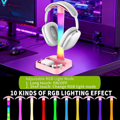 Headphone Stand with Charger,Gaming Headset stand with RGB Light Mode,For Airpod Max Stand,Desk Lamp,Phone Holder,Tablet Holder,desktop organizer,Gifts for Gamers & Music Lover (Pink)