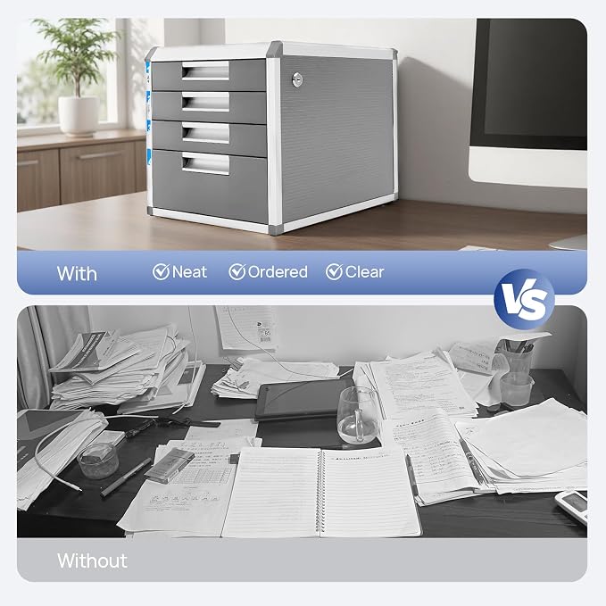 File Cabinet with Drawers Office Document Storage Box Filing Organzier Lockable Desktop Drawer Organizer for Papers Mail Notebooks Stationery (4-layer)