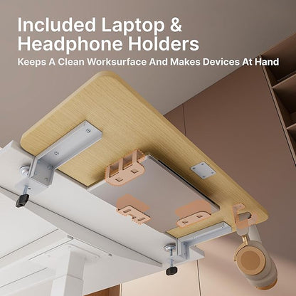PEGZONE Desk Extender Tray, 28" x 12", with Laptop Holder, Large, Wood | Desk Extension, Clamp on Desk Shelf, Clamp On Keyboard Tray for Office and Home, Workstation Organizer