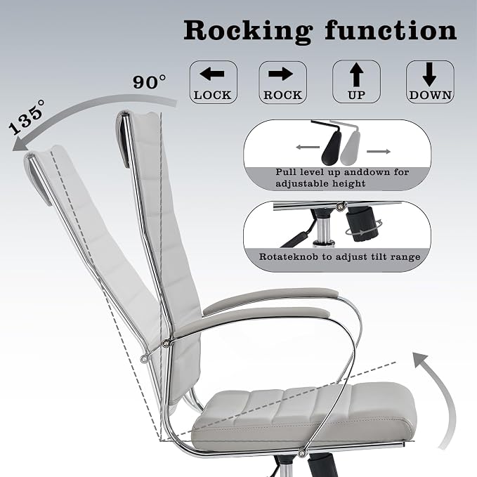 Office Chair, Ergonomic Executive Desk Chair, High Back, Leather Swivel, Lumbar Support, Grey