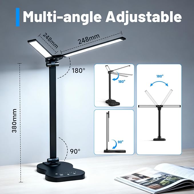 LED Desk Lamp with USB Charging Port, 5 Color Modes 10 Brightness, Dual Swing Arm Dimmable Desk Lamps for Home Office Nail Dorm (Black)