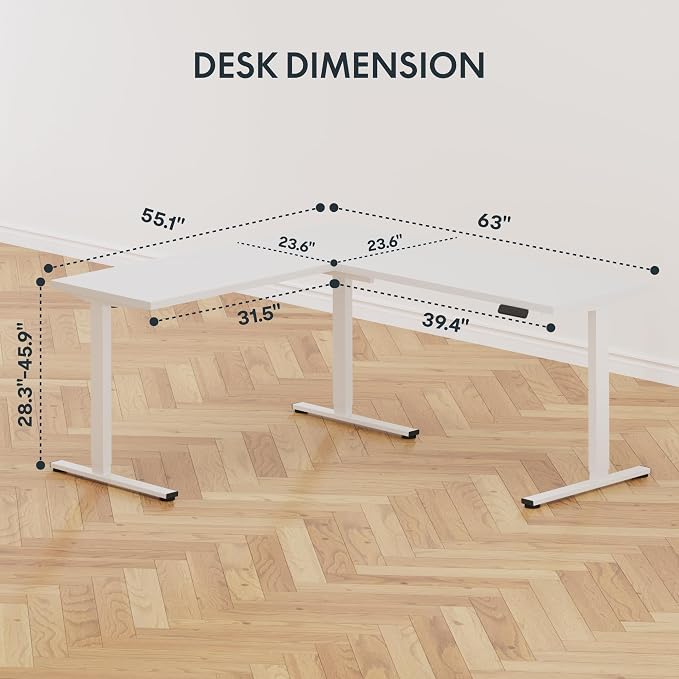 SANODESK Electric Corner L-Shaped 63 x 55 in Standing Desk, Memory Height Adjustment, White Top White Frame