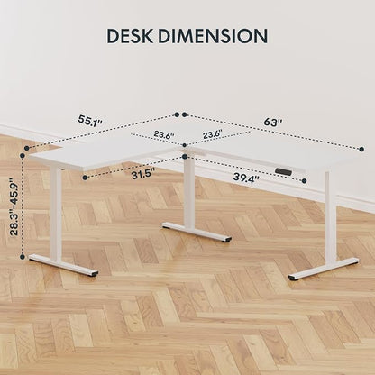 SANODESK Electric Corner L-Shaped 63 x 55 in Standing Desk, Memory Height Adjustment, White Top White Frame