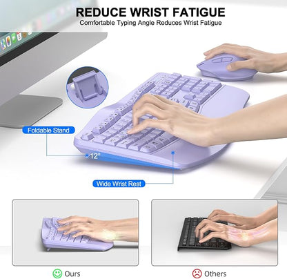 Wireless Keyboard and Mouse Combo, 2.4G Full Size Wave Keys Ergonomic Keyboard with Wrist Rest and 3-Level DPI Adjustable Wireless Ergonomic Mouse for Windows, Mac OS Desktop/Laptop/PC(Purple)