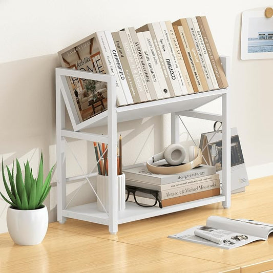 ELITEROO Desktop Bookshelf Organizer, 2 Tier Wood Desk Shelf for Tabletop Storage, Small Book Rack for Office, Home, or Study, Mini Bookcase for Book Display, Decor, and Supplies, White
