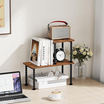 YINMIT Desk Shelf Organizer, 2 Tier Adjustable Desk Shelf for Top of Desk, Wood Freestanding Stackable Desktop Bookshelf Organizer for Office, Home, Kitchen Counter Display Rack, Rustic Brown