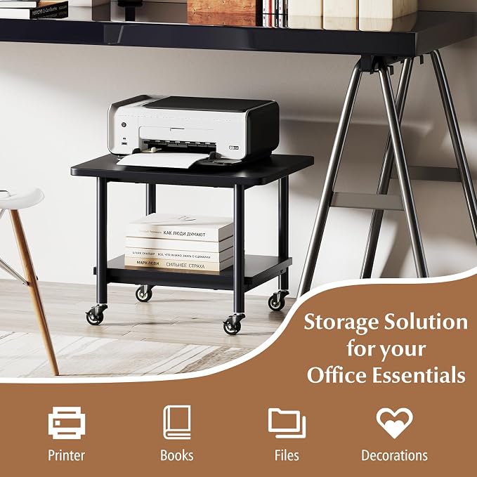 GOFLAME Under Desk Printer Stand, 2-Tier Mobile Printer Table with Storage Shelf, Metal Frame, Rolling Printer Cart Holder Storage Rack with Lockable Wheels for Home Office, Black