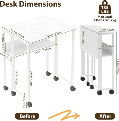 Garvee Folding Desk Small Rolling Desk with Storage Shelf,24.8 Inch Foldable Computer Table for Small Spaces, Space Saving Sofa Table with Wheels for Home Office, Study, Easy Assembly, White