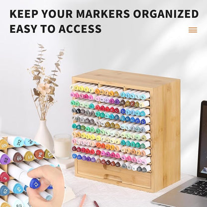 AUTOARK Bamboo Marker Organizer for 150 Markers,AHK-060 | Desktop Storage with Drawers,Art Markers Pens Pencils Brushes