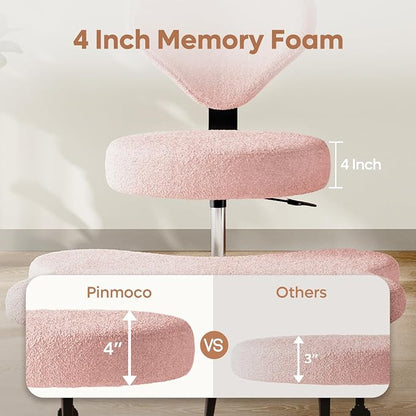 Pinmoco Ergonomic Cross Legged Chair, 360° Swivel Meditation Chair with Wheels, Height Adjustable Seat for ADHD, Strong Lumbar Support, Chic Home Office Furniture, Teddy Fabric, Pink