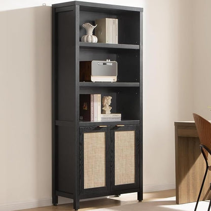SICOTAS Bookcase 71" Tall Bookshelf 5 Tier Rattan Boho Bookcase with Doors Storage Large Book Case Shelf Farmhouse Bookshelves Library Book Shelves for Living Room Bedroom Home Office Kitchen