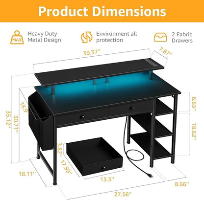 DLisiting Black Gaming Desk with Shelves and Drawers - 39 Inch Small Gaming Desk with Storage Shelves for Boys Teens Bedroom, Black Computer Desks with Drawers, Monitor Stand, Power Outlet