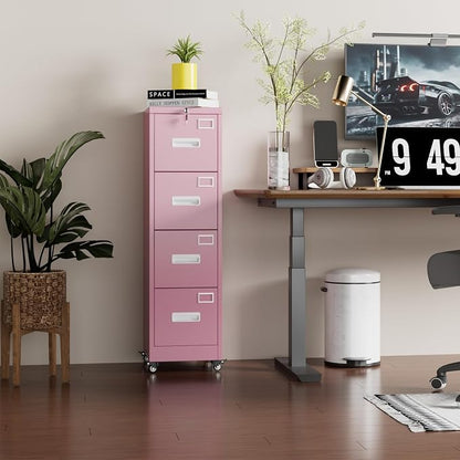 Aobabo 4 Drawer File Cabinet with Lock, Metal Vertical Filing Cabinet with Wheels, Anti-Tilt Interlock System, Locking Office Storage for Letter/Legal Files,Pink,Required Assembly