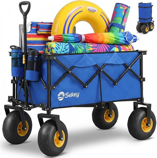 Sekey Heavy Duty Beach Wagon with 9" Big Sand-Proof Wheels – 600lb Capacity, 200L Oversized Foldable Cart | Adjustable Handle & All-Terrain Tires for Sand, Camping, Groceries