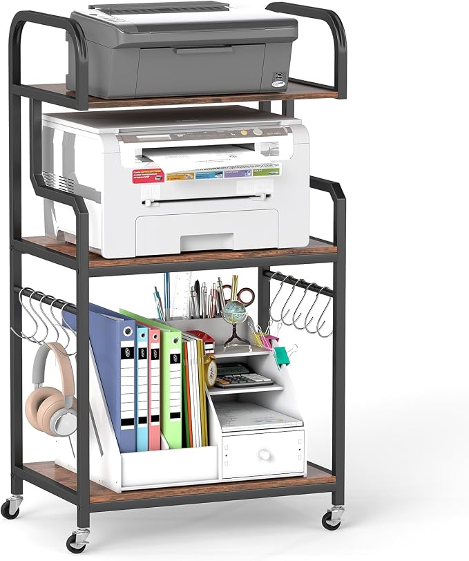 GOFLAME 3-Tier Mobile Printer Stand, Rolling Printer Table with Storage Shelves, 10 S-Shaped Hooks, Lockable Wheels, Home Office Rolling Cart for Shredder, Scanner, Fax (Rustic Brown + Black)