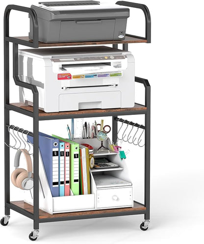 GOFLAME 3-Tier Mobile Printer Stand, Rolling Printer Table with Storage Shelves, 10 S-Shaped Hooks, Lockable Wheels, Home Office Rolling Cart for Shredder, Scanner, Fax (Rustic Brown + Black)