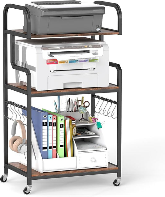 GOFLAME 3-Tier Mobile Printer Stand, Rolling Printer Table with Storage Shelves, 10 S-Shaped Hooks, Lockable Wheels, Home Office Rolling Cart for Shredder, Scanner, Fax (Rustic Brown + Black)