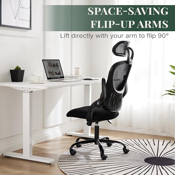 Ergonomic Office Chair, Comfy Desk Chair with Wheels, Adjustable Headrests, Flip-Up Armrests, Breathable Mesh High-Back, Comfortable Swivel Seating for Home Computer, Black