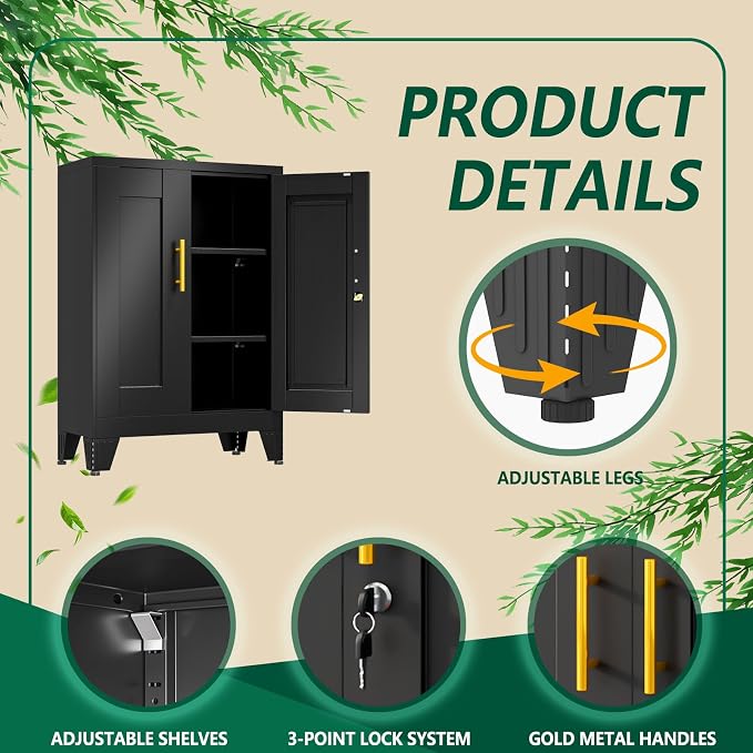winiowa Tall Metal Storage Cabinet with Lock, Locking File Cabinet with 2 Doors and 2 Adjustable Shelves, Black Lockable Organizer for Home Office Garage（23.6" W）