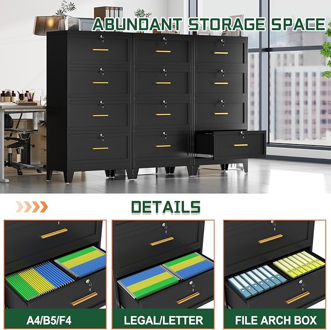 erosoei 4 Drawer File Cabinet with Lock, Metal Lateral File Cabinets for Home Office, Steel Wide Filing Organization Storage Cabinets, Home Office Furniture for Hanging Files Letter/Legal/F4/A4 Size