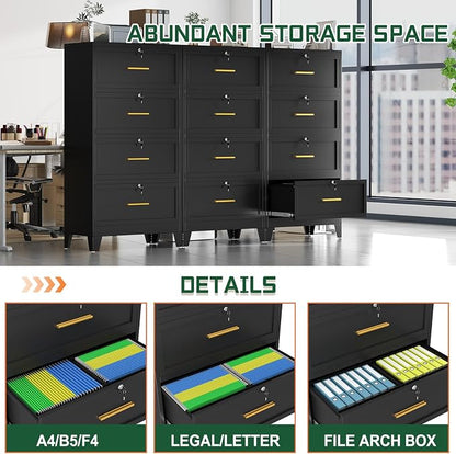 erosoei 4 Drawer File Cabinet with Lock, Metal Lateral File Cabinets for Home Office, Steel Wide Filing Organization Storage Cabinets, Home Office Furniture for Hanging Files Letter/Legal/F4/A4 Size