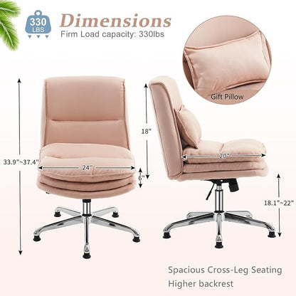 VINGLI Cloud Criss Cross Legged Home Office Desk Chair, 18" High Back Armless, Wide Adjustable Comfy Padded Seat, Modern Swivel Makeup Vanity Chair, Microfiber, Pink