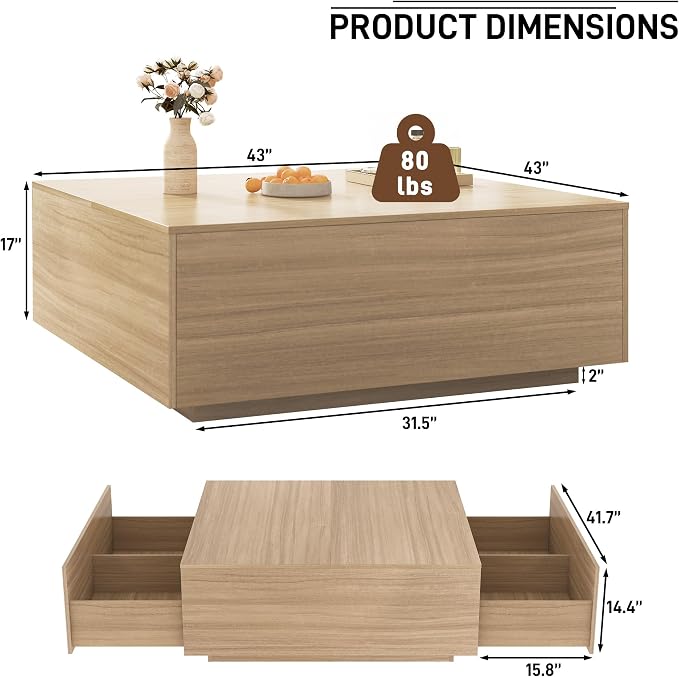 43 Inch Large Square Coffee Table with Storage,Modern Wooden Coffee Table with 2 Drawers Storage for Living Room,Mid Century Tea Table/Aesthetic Coffee Tables Center Table for Home Office(Oak)