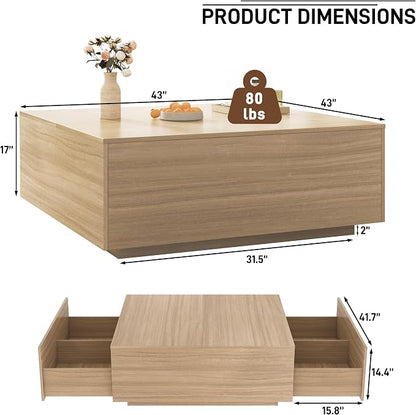 43 Inch Large Square Coffee Table with Storage,Modern Wooden Coffee Table with 2 Drawers Storage for Living Room,Mid Century Tea Table/Aesthetic Coffee Tables Center Table for Home Office(Oak)