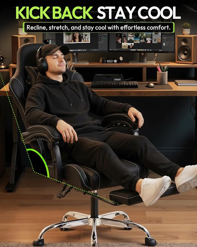 Dowinx Ergonomic Gaming Chair with Footrest & Massage Lumbar, 2D-Linkage Armrests for Computer Chair 330lbs with Headrest Pillow for Office, Home, Streaming and Long Gaming Sessions, Black