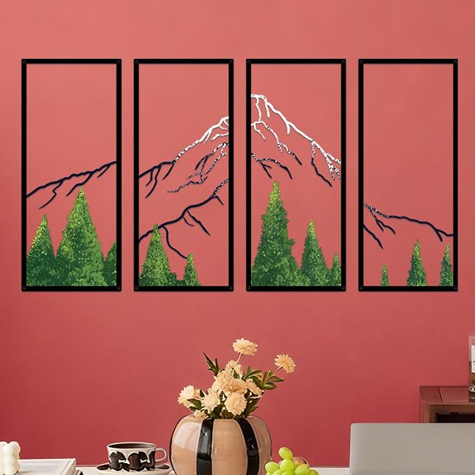 ruelen 4 Pcs Metal Mountain Forest Snow Mountain Wall Decorations，Large Abstract Minimalist Line Drawing Colorful Mountains Wall Art Home Decor for Living Room Bathroom Bedroom Office（Green，Large ）