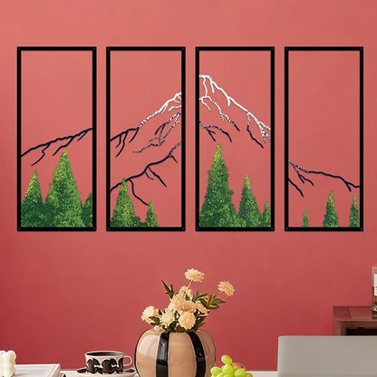 ruelen 4 Pcs Metal Mountain Forest Snow Mountain Wall Decorations，Large Abstract Minimalist Line Drawing Colorful Mountains Wall Art Home Decor for Living Room Bathroom Bedroom Office（Green，Large ）
