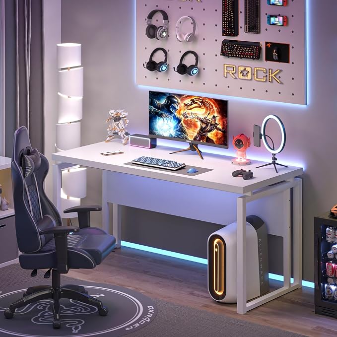 EXCEFUR White Computer Desk, Simple Wood and Metal Home Office Desk, Modern Study Writing Table Workstations for Living Room Bedroom, 53 Inch