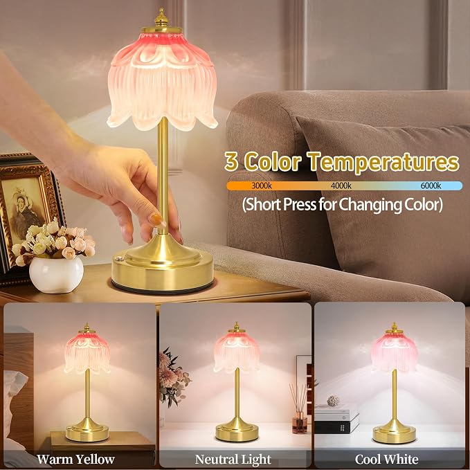 Cordless Lotus Flower Table Lamp, 5200mAh Rechargeable Battery Operated Portable Lamp, 3-Color Dimmable Touch Control Small Desk Lamp for Bedroom, Office, Kitchen, Nightstand,Room Decor (Pink)