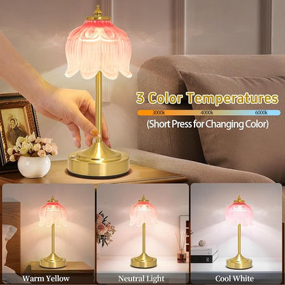 Cordless Lotus Flower Table Lamp, 5200mAh Rechargeable Battery Operated Portable Lamp, 3-Color Dimmable Touch Control Small Desk Lamp for Bedroom, Office, Kitchen, Nightstand,Room Decor (Pink)