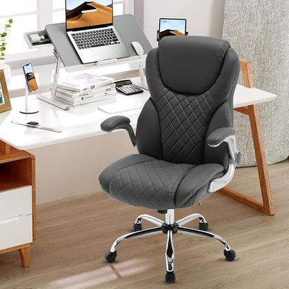 Leather Executive Office Chair, Big and Tall High Back Ergonomic Desk Chairs with Wheels, 90-120° Rocking Managerial Home Computer Chairs with Flip up Arms and Lumbar Support, Grey