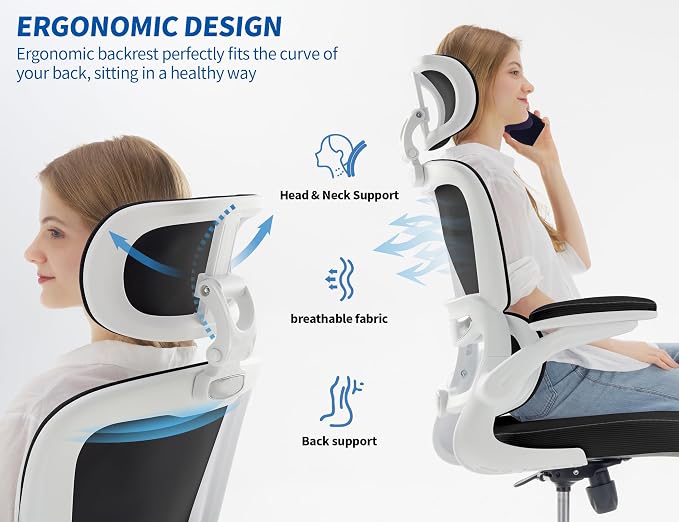 TRALT Ergonomic Office Chair - Desk Chair with Adjustable Headrest Lumbar Support Computer Chair - Mesh Comfy Chair with Flip-up Armrests - Gaming Chairs for Adults Home Office (Leather, Black White)