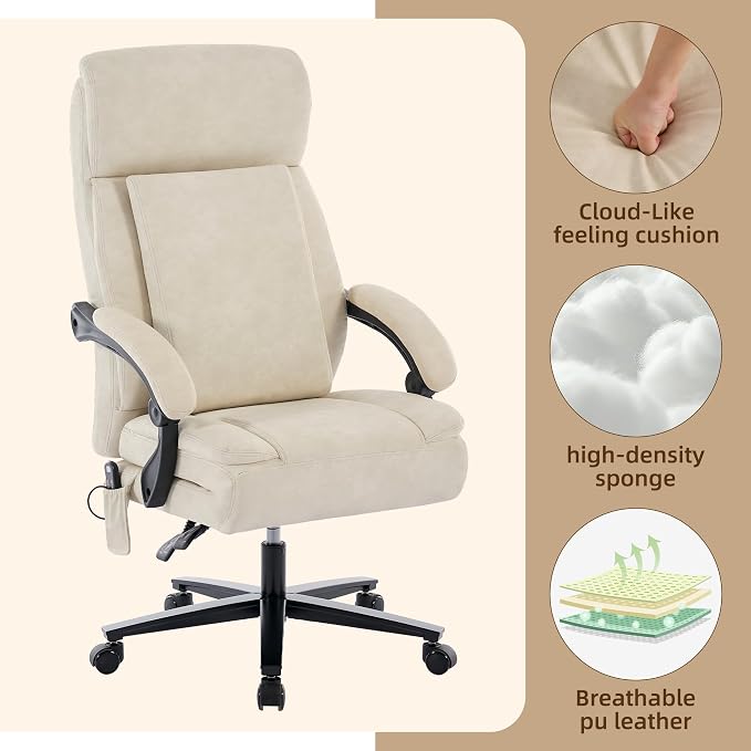 DYHOME Executive Office Chair with Footrest,Ergonomic Computer Desk Chairs,Mid-Tall Back Leather Office Chair,Lumbar Support Swivel Chair with Rocking Function,Beige