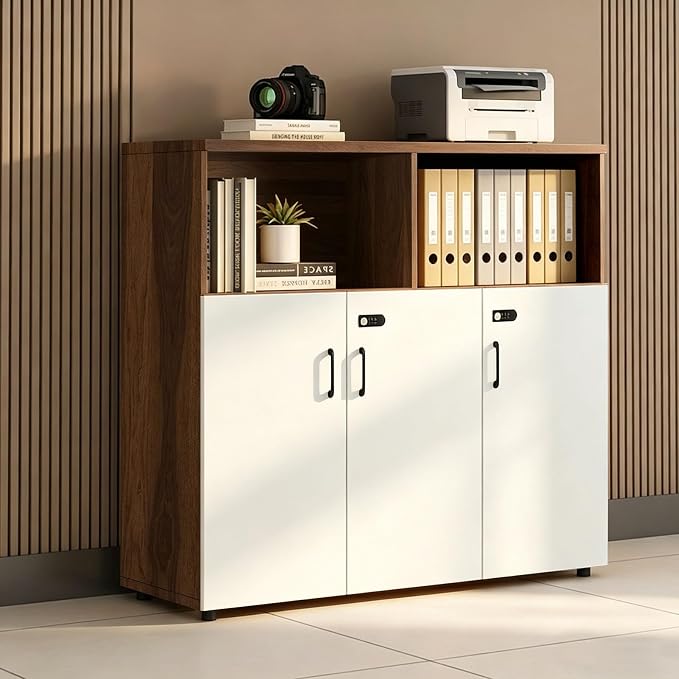 File Cabinet with Password Lock, Wood Lateral Filing Cabinet for Letter/A4 Files, 3 Drawer with Door, Printer Stand with Open Shelves for Home Office