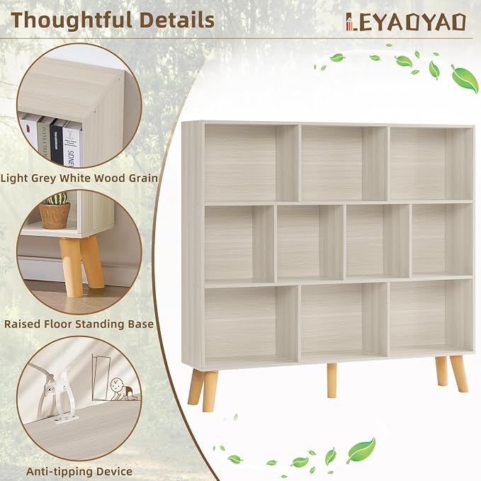 LEYAOYAO 10 Cube Bookshelf,3 Tier Modern Wide Bookcase with Legs,Mid-Century Wood Bookshelves Storage,Light Grey White Large Book Case,Freestanding Organizer Display Shelf for Living Room,Office