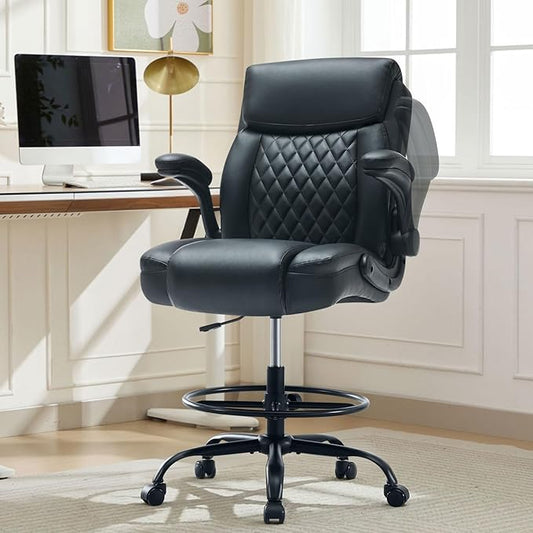 MAHOMICO Drafting Chair for Standing Desk – Tall Office Chair with Adjustable Height & Foot Ring, Flip-Up Arms, Lumbar Support – Comfortable Leather Seat, Ideal Home Desk Chair