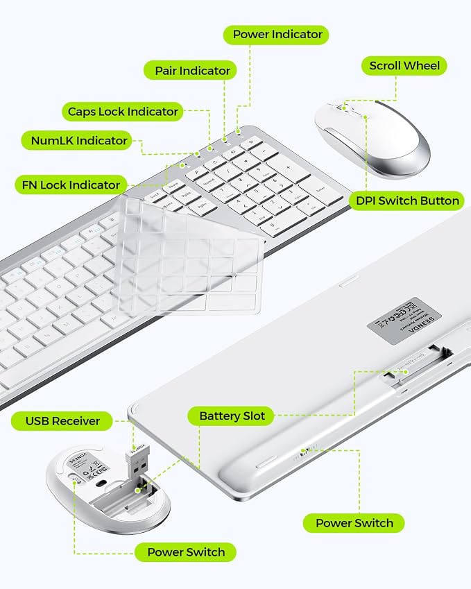 Wireless Keyboard and Mouse Combo - Full Size Slim Thin Wireless Keyboard Mouse with Numeric Keypad 2.4G Stable Connection Adjustable DPI (White & Silver)