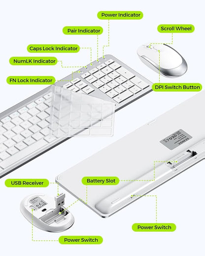Wireless Keyboard and Mouse Combo - Full Size Slim Thin Wireless Keyboard Mouse with Numeric Keypad 2.4G Stable Connection Adjustable DPI (White & Silver)