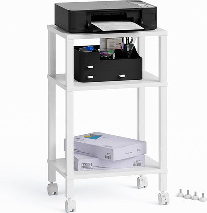 3-Tier Printer Stand with Storage, Mobile Printer Cart with Rolling Casters and Adjustable Feet, Under Desk Storage Shelf for Home Office,Small Printers, White, 15.7" x 11.8" x 25.9"