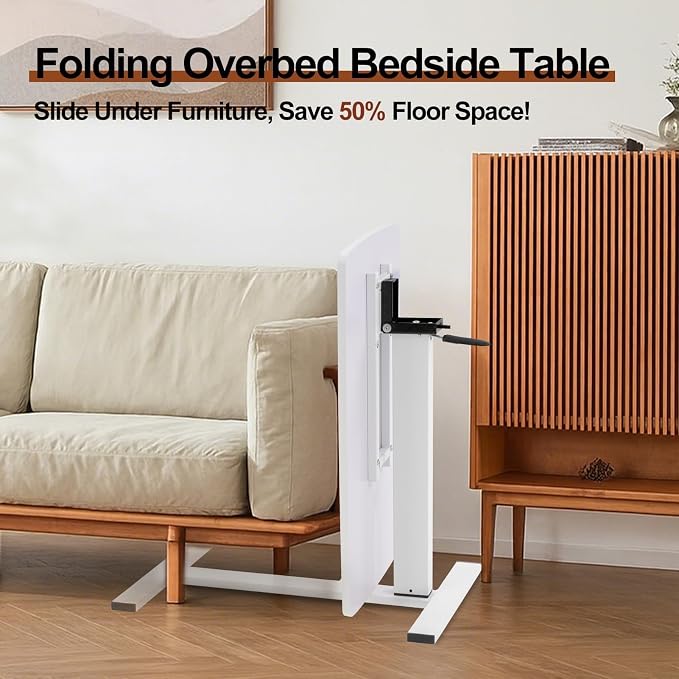 Overbed Bedside Table with Wheels, Adjustable Pneumatic Mobile Standing Desk, Laptop Table Rolling Bed Desk Foldable for Hospital & Home (32" W x 16" D, White)