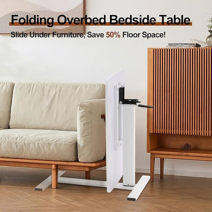 Overbed Bedside Table with Wheels, Adjustable Pneumatic Mobile Standing Desk, Laptop Table Rolling Bed Desk Foldable for Hospital & Home (32" W x 16" D, White)