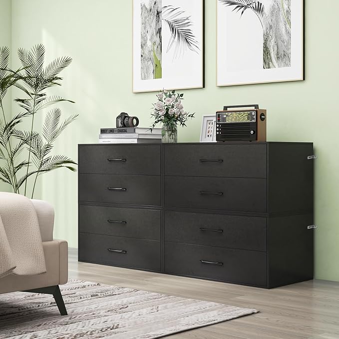 2 Drawer Lateral File Cabinet, Stackable Home Office Drawers, Under Desk Printer Stand, Low Storage Organizer, Horizontal Wooden Filing Cabinet for Study Living Room, No Wheels (2, Black)