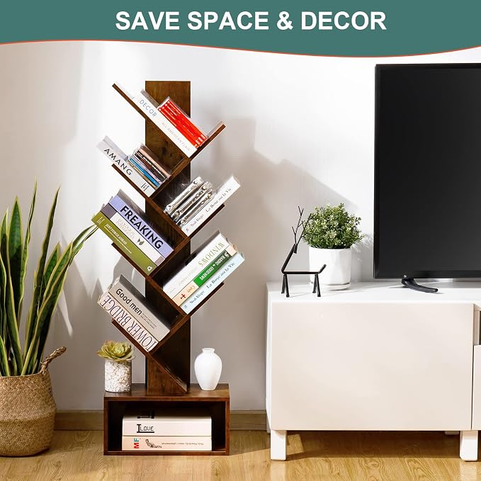 Yoobure Tree Bookshelf - 6 Shelf Retro Floor Standing Bookcase, Tall Wood Book Storage Rack for CDs/Movies/Books, Utility Book Organizer Shelves for Bedroom, Living Room, Home Office, Rustic Brown